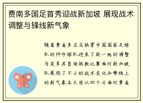费南多国足首秀迎战新加坡 展现战术调整与锋线新气象